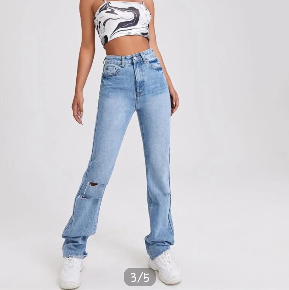 High waist ripped raw hem jeans